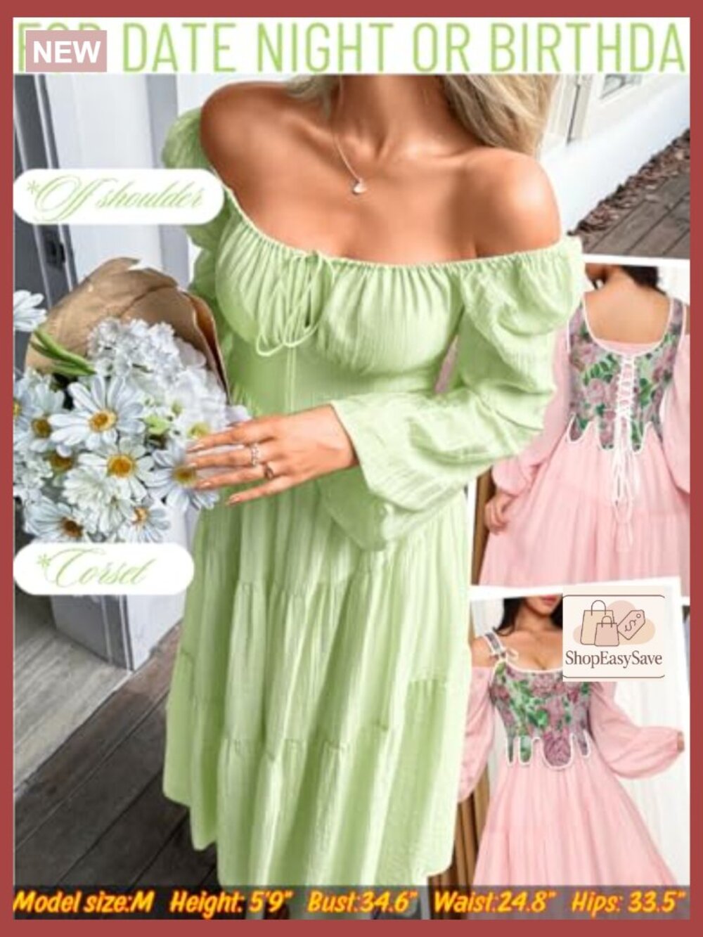 Tiered Maxi Dress Off Shoulder Smocked Flowy Boho Cottagecore Long Sleeve - Picture 4 of 7